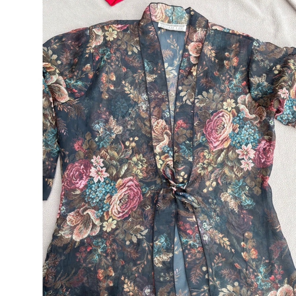 Cottagecore Women Dinah Lee Sheer Floral Tapestry Tie Front Cardigan L Multi